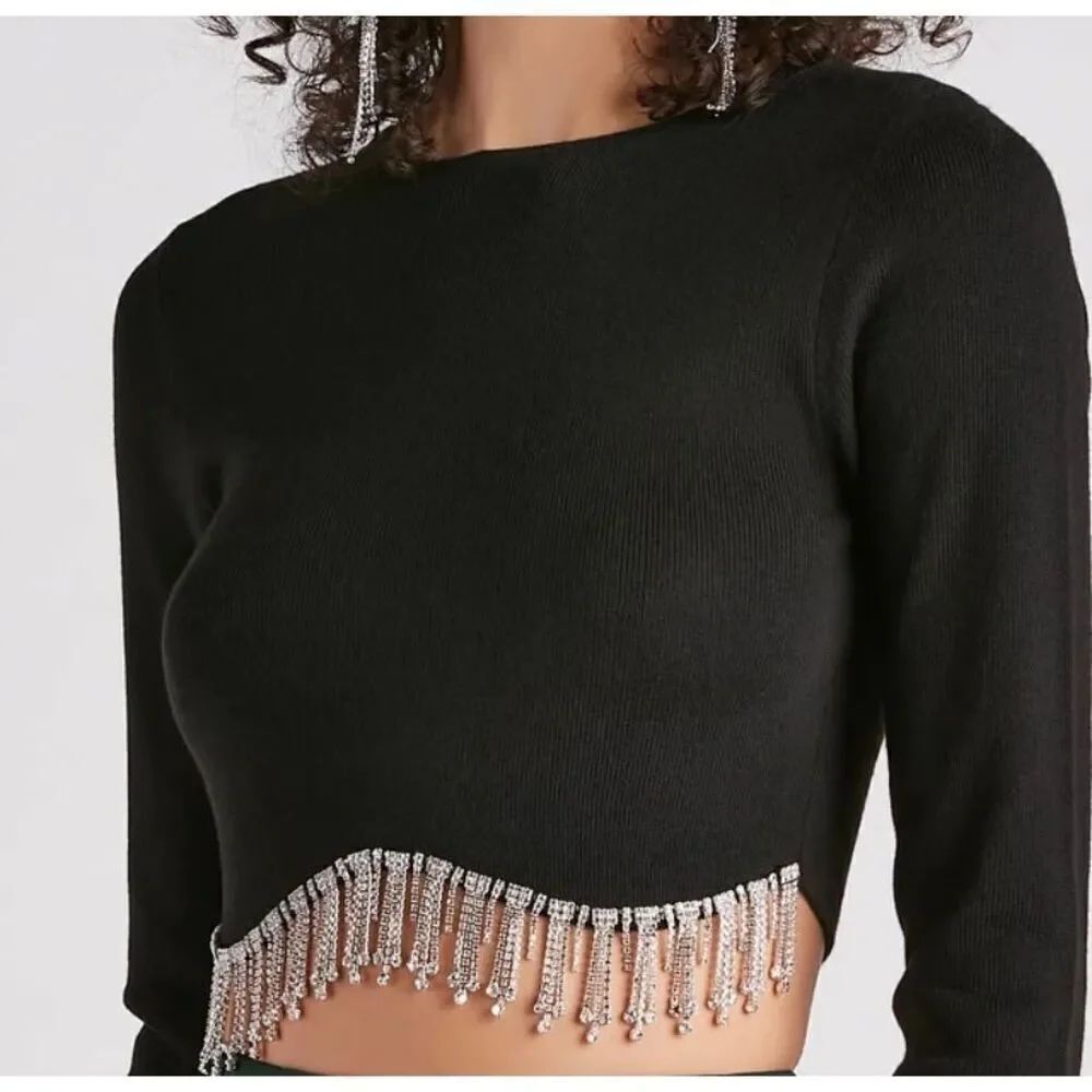 Windsor bejeweled me rhinestone, long sleeve, black fringe, top size small￼